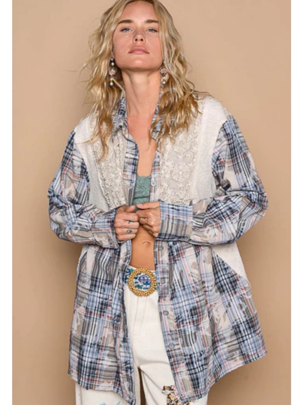 New POL Rhinestone Pearl Embroidered Knit Plaid Button Down Shirt